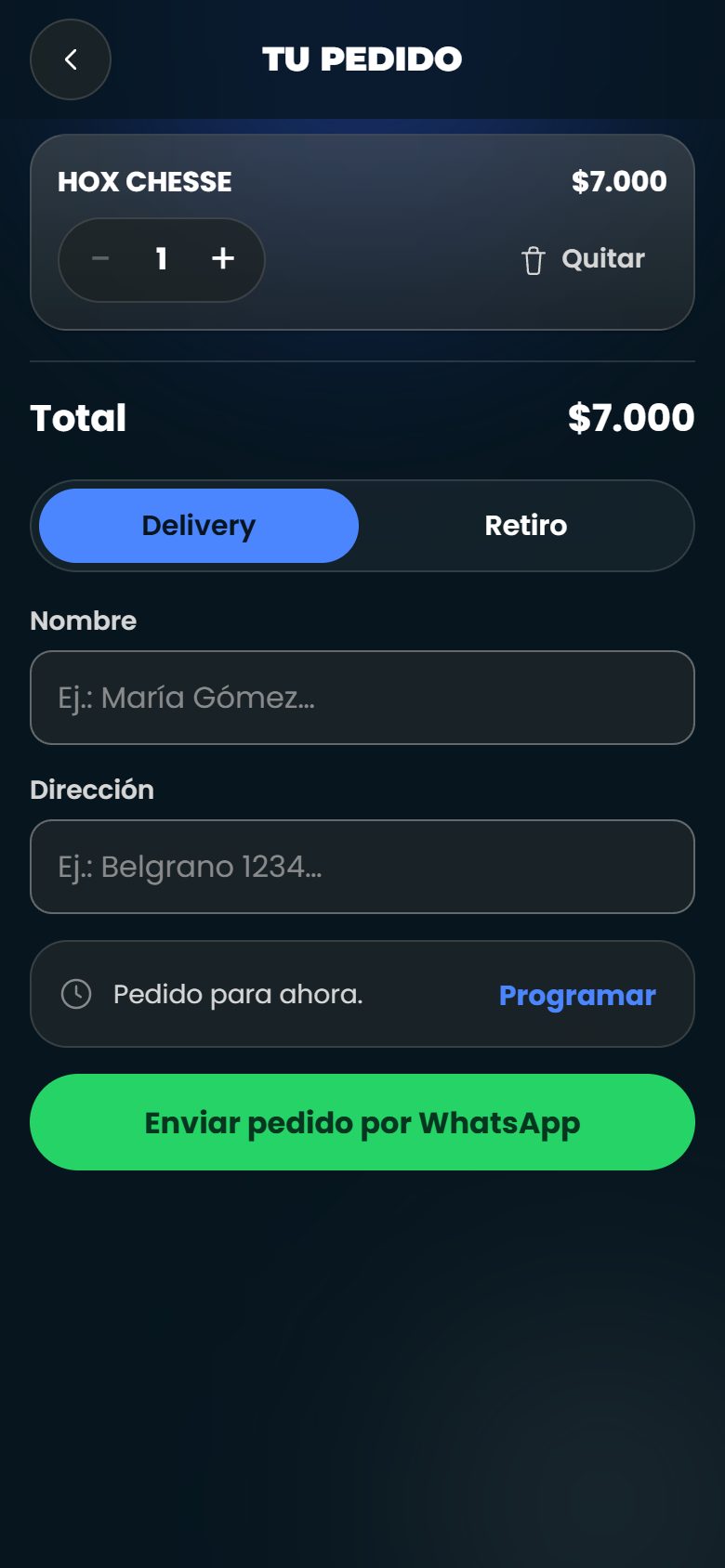 Carrito de pedidos de Hoxton con envío por WhatsApp